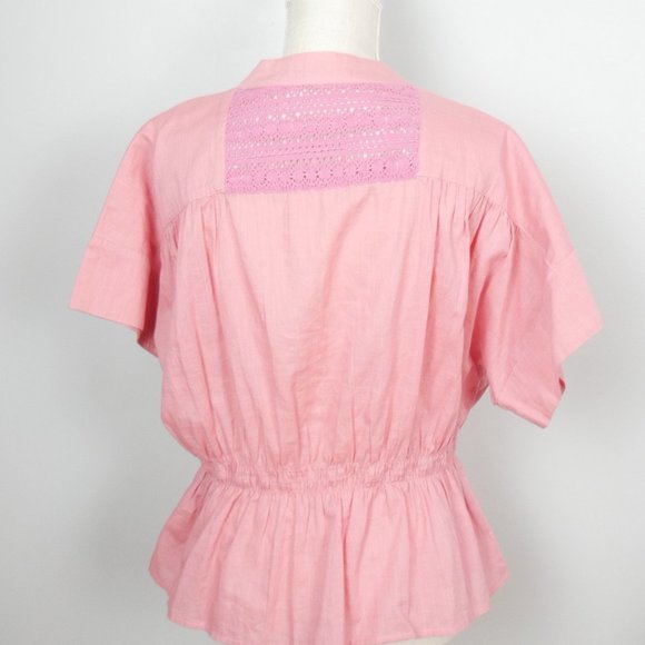 Free People Pink Button Up Short Sleeve Top w/ Gathered Waist Crochet Back Small - Picture 9 of 10